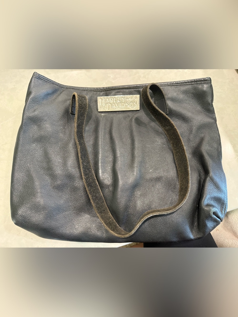 Vintage Harley-Davidson Black Leather Tote with Logo Plaque